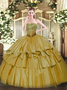 Cute Strapless Sleeveless Organza and Taffeta Quinceanera Dress Beading and Ruffled Layers Lace Up
