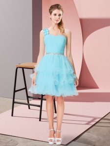 Glamorous Beading and Ruffled Layers Prom Evening Gown Aqua Blue Lace Up Sleeveless Mini Length