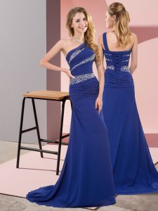 Fashion Floor Length Lace Up Prom Gown Blue for Prom and Party with Beading Sweep Train