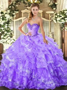 Beading and Ruffled Layers Quinceanera Gowns Lavender Lace Up Sleeveless Floor Length