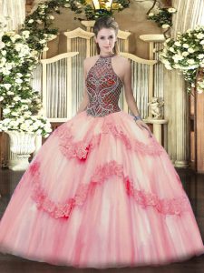 Excellent Pink Lace Up Halter Top Beading and Appliques Vestidos de Quinceanera Tulle Sleeveless