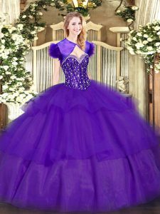 Designer Purple Ball Gowns Sweetheart Sleeveless Tulle Floor Length Lace Up Ruffled Layers Sweet 16 Dress