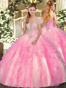 Floor Length Rose Pink Quinceanera Dresses Tulle Sleeveless Appliques and Ruffles