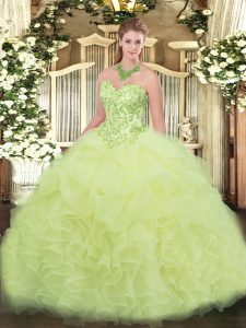 Hot Selling Sweetheart Sleeveless Organza Quinceanera Gown Appliques and Ruffles Lace Up