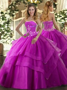 Decent Strapless Sleeveless Ball Gown Prom Dress Floor Length Beading and Ruffled Layers Fuchsia Tulle