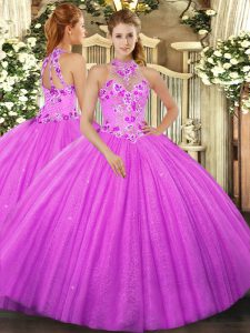 Fuchsia Halter Top Neckline Beading and Embroidery Quinceanera Dress Sleeveless Lace Up
