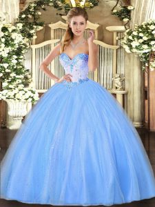 Graceful Baby Blue Ball Gowns Sweetheart Sleeveless Tulle Floor Length Lace Up Beading Vestidos de Quinceanera