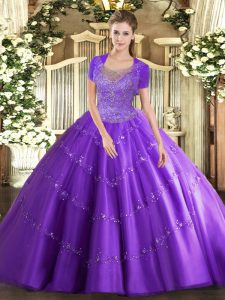 Traditional Scoop Sleeveless Sweet 16 Dress Floor Length Beading and Appliques Lavender Tulle
