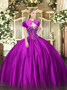 Glittering Fuchsia Satin Lace Up Ball Gown Prom Dress Sleeveless Floor Length Beading