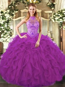 Floor Length Purple Sweet 16 Quinceanera Dress Halter Top Sleeveless Lace Up