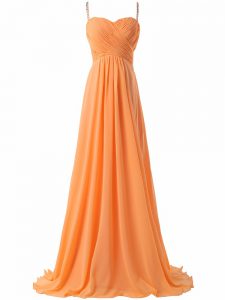 Best Selling Sleeveless Sweep Train Criss Cross Ruching Prom Party Dress