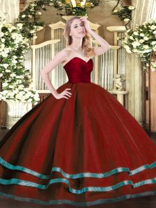 Wine Red Sleeveless Tulle Zipper Quince Ball Gowns for Military Ball and Sweet 16 and Quinceanera