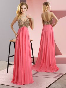Sleeveless Floor Length Beading Zipper Dress for Prom with Watermelon Red Sweep Train