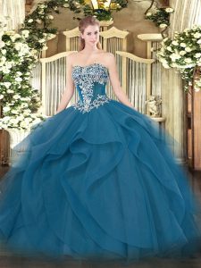 Sweet Sleeveless Tulle Floor Length Lace Up 15th Birthday Dress in Teal with Beading and Ruffles