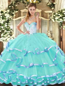 Turquoise Organza Lace Up Quince Ball Gowns Sleeveless Floor Length Beading and Ruffled Layers