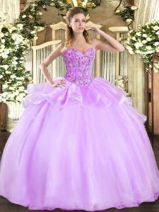 Sleeveless Floor Length Embroidery Lace Up Quince Ball Gowns with Lilac