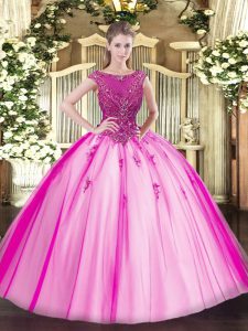 Adorable Fuchsia Cap Sleeves Beading and Appliques Floor Length Quince Ball Gowns