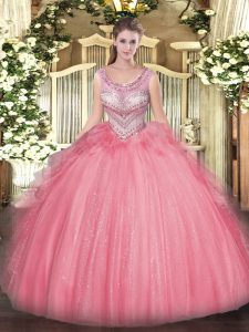 Super Sleeveless Tulle Floor Length Lace Up Sweet 16 Quinceanera Dress in Watermelon Red with Beading and Ruffles