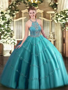 Excellent Teal Ball Gowns Tulle Halter Top Sleeveless Beading and Appliques Floor Length Lace Up Quince Ball Gowns