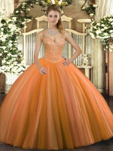 Fashionable Orange Red Ball Gowns V-neck Sleeveless Tulle Floor Length Lace Up Beading Quinceanera Dresses