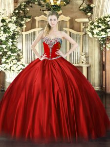Sweetheart Sleeveless Sweet 16 Dress Floor Length Beading Wine Red Satin