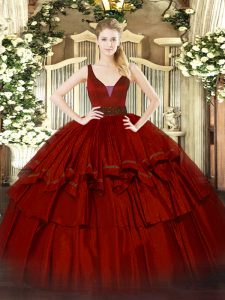 Wine Red Ball Gowns Straps Sleeveless Organza Floor Length Zipper Beading and Ruffled Layers Sweet 16 Quinceanera Dress