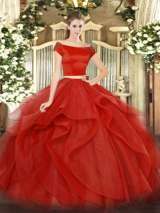 Fantastic Floor Length Two Pieces Short Sleeves Red Sweet 16 Dress Zipper