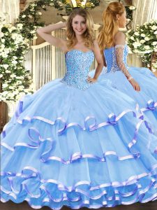 Aqua Blue Sleeveless Organza Lace Up Sweet 16 Quinceanera Dress for Military Ball and Sweet 16 and Quinceanera