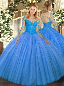 Glittering Baby Blue Ball Gowns Scoop Long Sleeves Tulle Floor Length Lace Up Lace Quinceanera Gowns