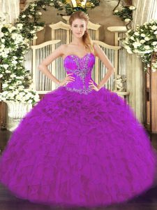 Attractive Sleeveless Organza Floor Length Lace Up Sweet 16 Dress in Fuchsia with Beading and Ruffles