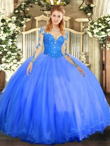 Low Price Lace Sweet 16 Quinceanera Dress Blue Lace Up Long Sleeves Floor Length