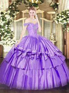 Sleeveless Floor Length Beading and Ruffled Layers Lace Up Vestidos de Quinceanera with Lavender