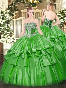 Delicate Green Ball Gowns Strapless Sleeveless Organza and Taffeta Floor Length Lace Up Beading and Ruffled Layers Sweet 16 Quinceanera Dress