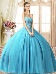 Designer Aqua Blue Ball Gowns Sweetheart Sleeveless Tulle Floor Length Lace Up Beading Sweet 16 Quinceanera Dress