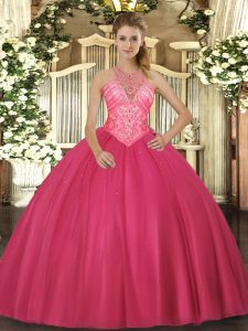 Dramatic Floor Length Hot Pink Quinceanera Dress High-neck Sleeveless Lace Up