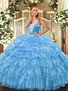 Custom Fit Floor Length Ball Gowns Sleeveless Baby Blue Quince Ball Gowns Lace Up