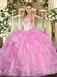 Extravagant Sweetheart Sleeveless Lace Up 15 Quinceanera Dress Rose Pink Organza