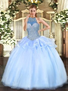 Super Blue Sleeveless Floor Length Beading Lace Up Sweet 16 Dresses