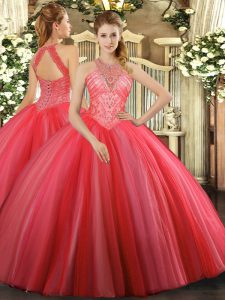 Coral Red Lace Up High-neck Beading Sweet 16 Dresses Tulle Sleeveless