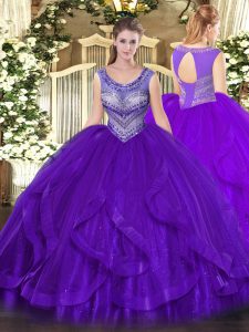 Eggplant Purple Ball Gowns Scoop Sleeveless Organza Floor Length Lace Up Beading and Ruffles 15th Birthday Dress