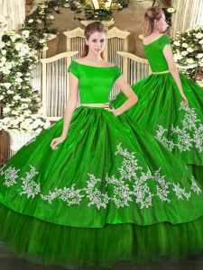 Green Short Sleeves Organza and Taffeta Zipper Quince Ball Gowns for Military Ball and Sweet 16 and Quinceanera