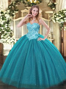 High End Teal Sweetheart Neckline Appliques Sweet 16 Quinceanera Dress Sleeveless Lace Up