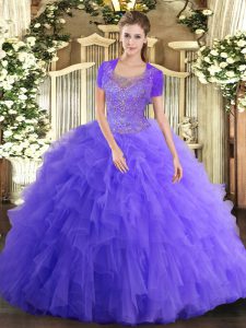 Lavender Sleeveless Floor Length Beading and Ruffled Layers Clasp Handle Quince Ball Gowns