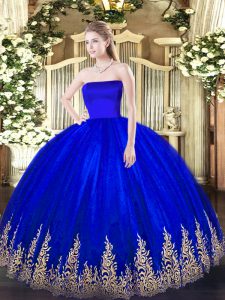 Artistic Blue Ball Gowns Strapless Sleeveless Tulle Floor Length Zipper Appliques Sweet 16 Quinceanera Dress