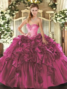 Sleeveless Organza Floor Length Lace Up Sweet 16 Dress in Fuchsia with Beading and Ruffles
