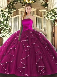 Fuchsia Strapless Neckline Ruffles 15th Birthday Dress Sleeveless Lace Up