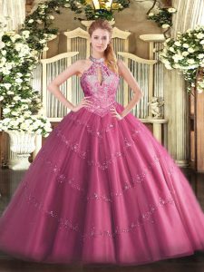 Chic Hot Pink Tulle Lace Up Halter Top Sleeveless Floor Length Quinceanera Dresses Lace and Appliques