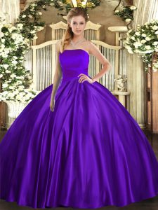 Dazzling Sleeveless Satin Floor Length Lace Up Quinceanera Gown in Purple with Ruching