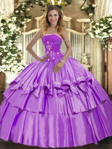 Sleeveless Organza and Taffeta Floor Length Lace Up 15th Birthday Dress in Lavender with Beading and Ruffled Layers
