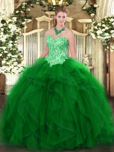Floor Length Lace Up Quince Ball Gowns Green for Military Ball and Sweet 16 and Quinceanera with Appliques and Ruffles